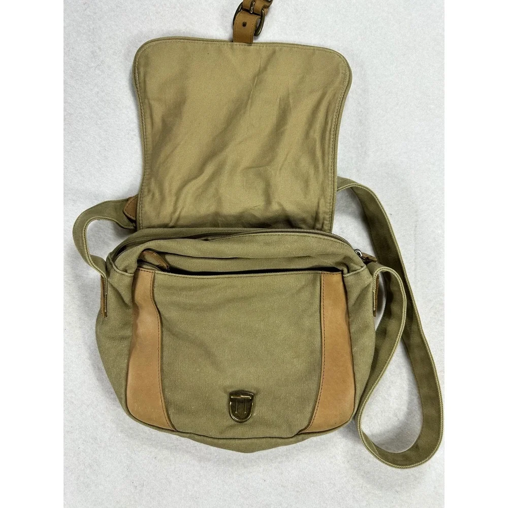 LL Bean Canvas Leather Trim Field Messenger Bag Khaki Crossbody Shoulder Bag
